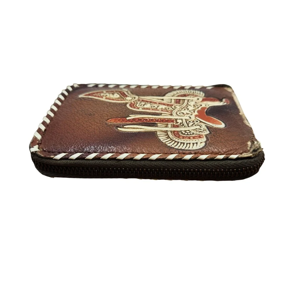 Vintage Tooled Leather Western Wallet Saddle Cowboy Boots Whipstitch Zip Brown